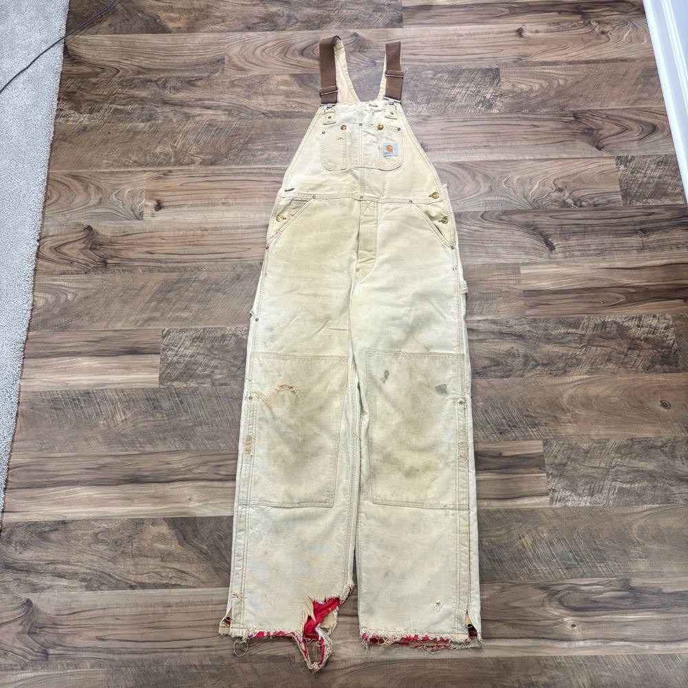 Vintage 90s Carhartt Overalls Mens 34x30 Tan Double Knee Quilt Lined Workwear